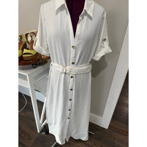 Zara White Button-Front Midi Shirt Dress with Belt Size XL